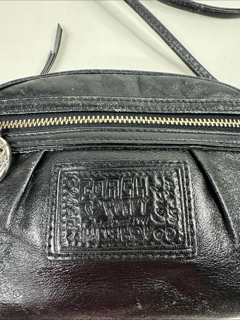 Coach Poppy Black Leather Crossbody with Silver zip & Charm purple lining